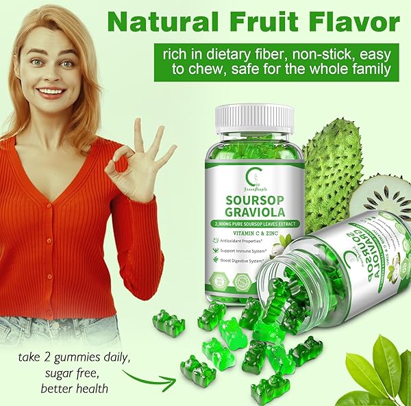 SOURSOP GRAVIOLA GUMMIES, SOURSOP LEAVES EXTRACT FOR ENERGY BOOST, DIGESTIVE & IMMUNE SUPPORT, ANTIOXIDANT PROPERTIES, PURE SOURSOP FRUIT GUMMIES, VEGAN, NON-GMO, 60 COUNTS