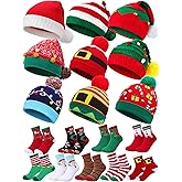 Suhine 18 Pcs Christmas Knitted Hat and Socks Set 9 pcs Christmas Beanies Hat with Pompom 9 Pair Xmas Socks for Men Women