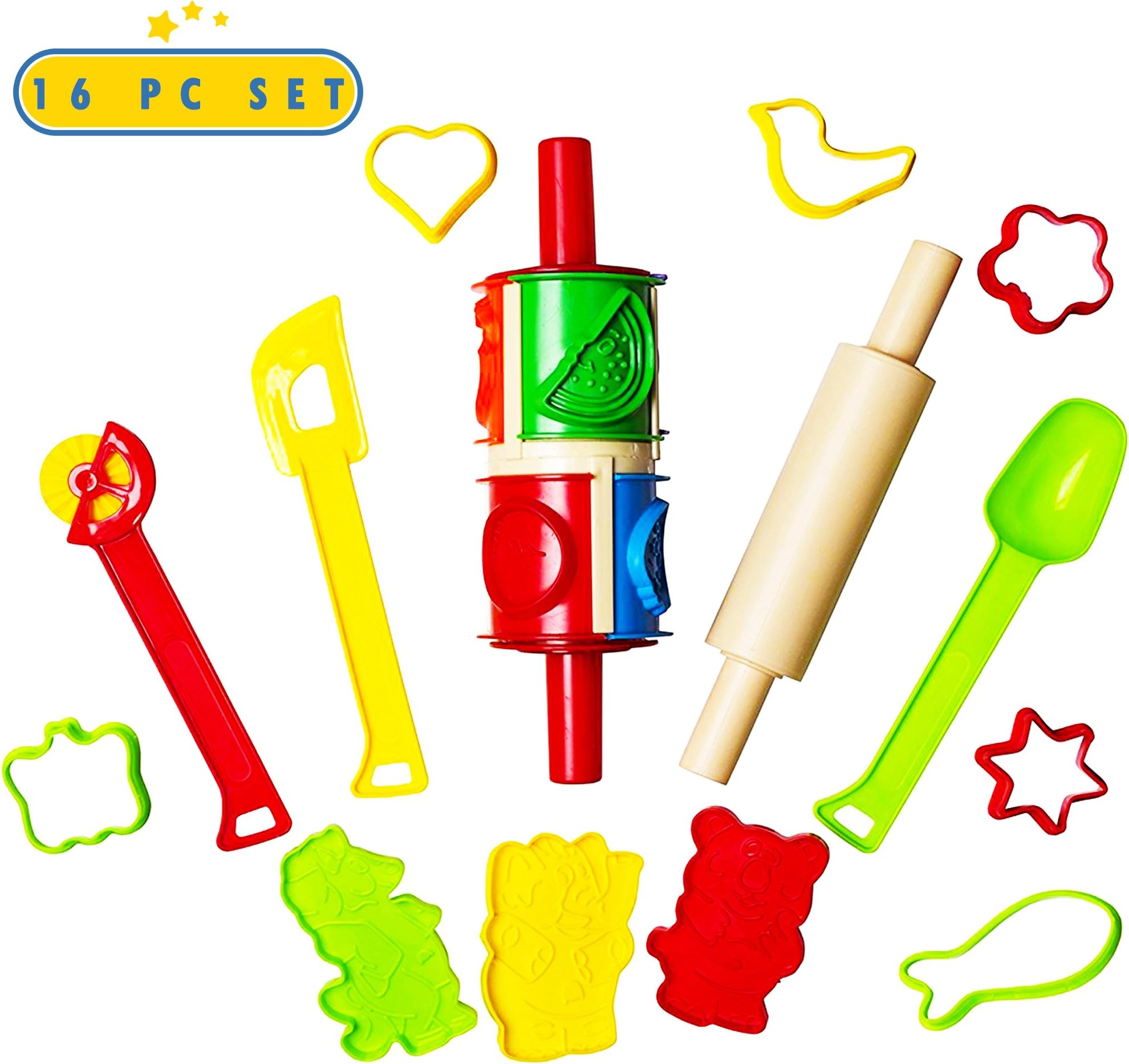 16 Piece Clay and Dough Modeling Tools Kit for Kids Play- Plastic Dough Rollers Molds Cutters Animal Shapes-Fun Modeling Clay Dough Playset for Children