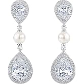 EVER FAITH Women's CZ Ivory Color Simulated Pearl Tear Drop Dangle Earrings Clear Silver-Tone