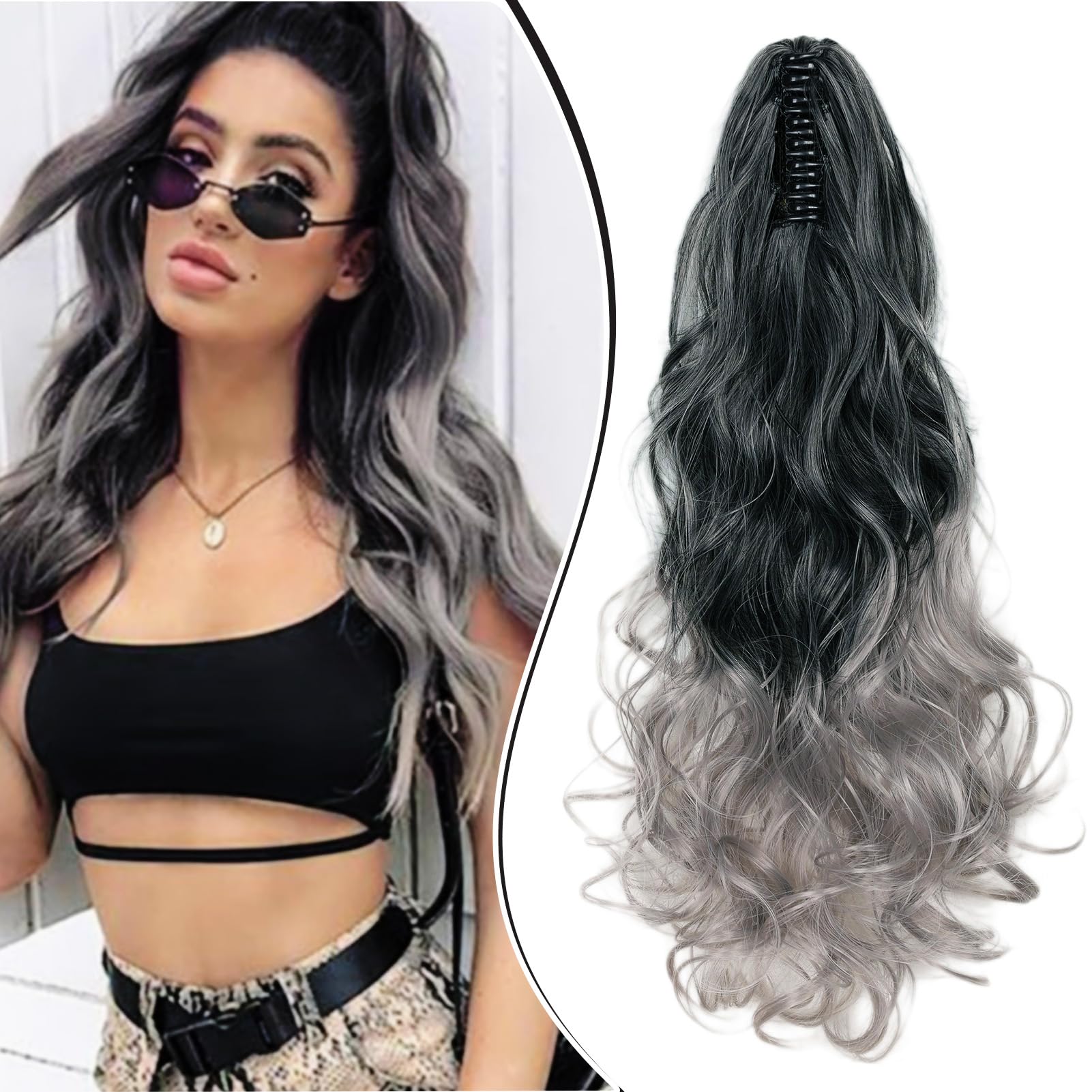 Dcbaboo Ponytail Extension Curly 18inch Claw Clip in Ponytail Hair Extensions Long Wavy Synthetic Pony tails Natural Wave One Piece Hairpiece Fake Ponytail for Women, Black Ombre Grey