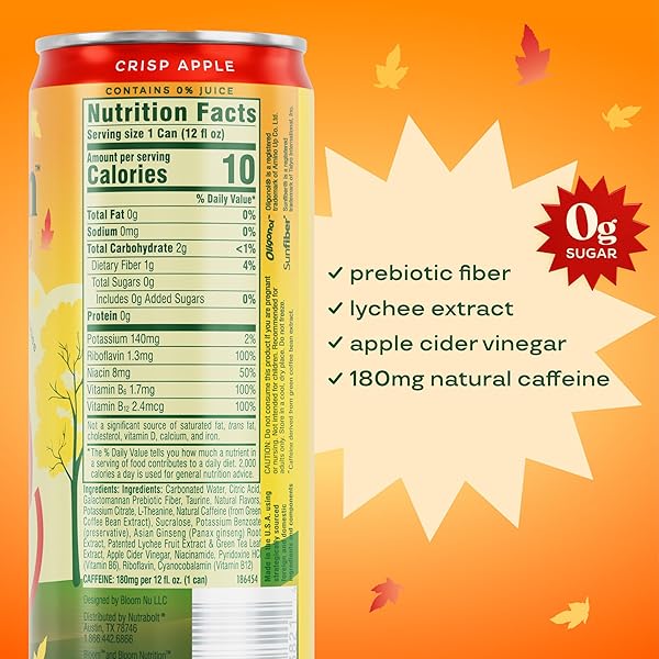 BLOOM NUTRITION SPARKLING ENERGY DRINK – NATURAL CAFFEINE, ZERO SUGAR, 180MG CAFFEINE – ANTIOXIDANT-RICH WITH GREEN COFFEE BEAN, GREEN TEA EXTRACT, PREBIOTICS – CRISP APPLE – 12OZ 12 PACK