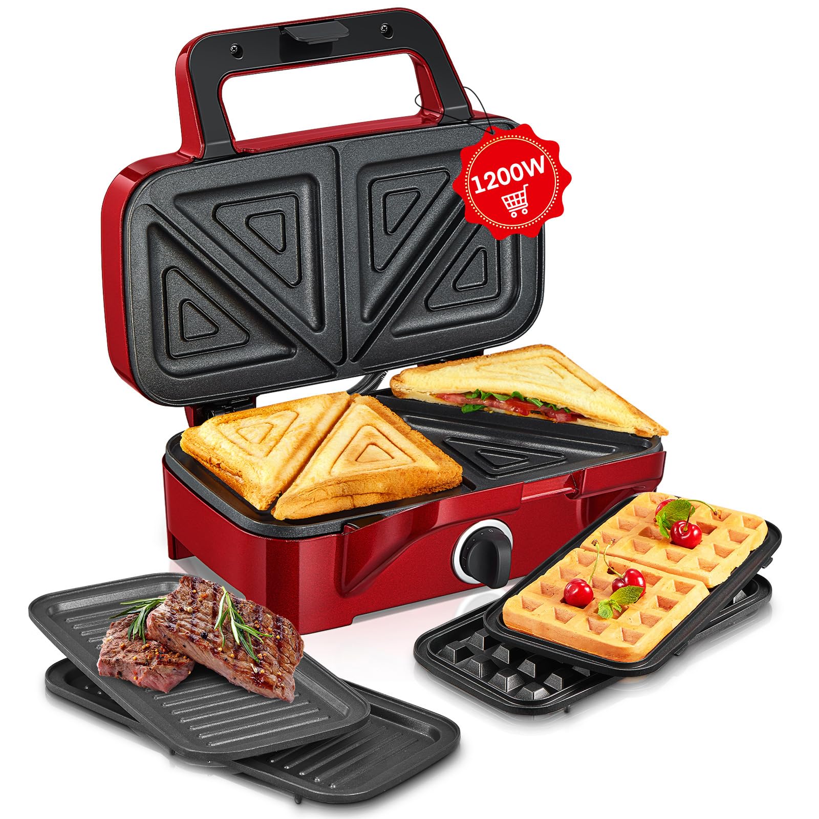 Photo 1 of HOUSNAT Sandwich Maker, 3 in 1 Waffle Maker with Removable Plates, 1200W Panini Press with Interchangeable Non-Stick Plates, Indicator Lights, 5-gear Temperature Control (Red)