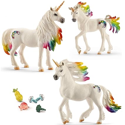 Bayala Schleich Regenbogeneinhorn Familie mit Futterset ( 70523, 70524, 70525 u. 42141)