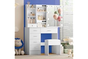 Vanity Desk with Sliding Mirror and Lights, Vanity Table with 6 Drawers, Makeup Vanity with Mirror and Lights, Dressing Table