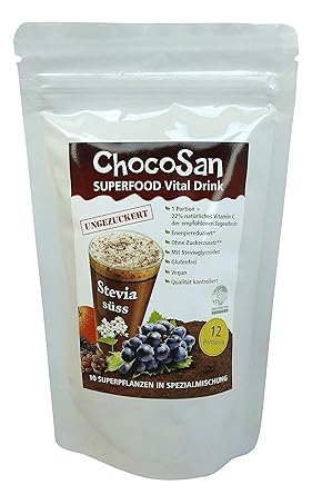 ChocoSan Superfood Vital Drink'Steviasüß' - Getränkepulver aus 10 Naturmehlen und Stevia, ohne Zucker, mit intensivem Kakao, 
