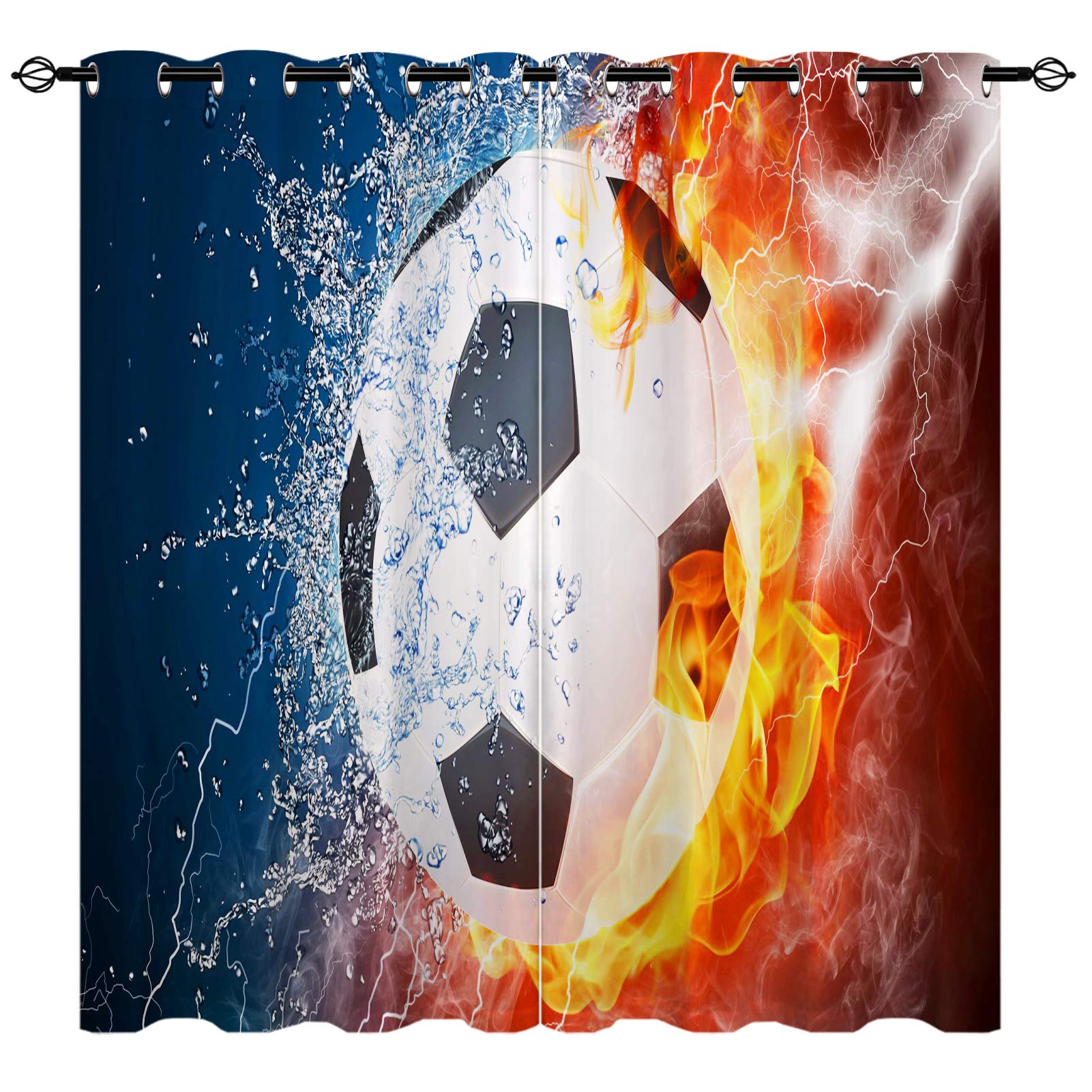 YUANZU Sports Curtains, Soccer Ball on Fire and Water Splashing Flame Lightning Abstract Eyelet Thermal Insulated Printed Curtains for Kids Bedroom, Set of 2 Panels W75cm (29.5") x D166cm (65")