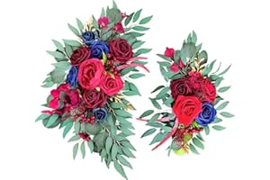 Emivery Wedding Sign Flower Swag, Burgundy and Blue Flower Swag Arrangements Artificial Arch Flowers Decor for Wedding Background Welcome Sign Floral Decor