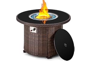 HOMREST 38.1'' Round Propane Fire Pit Table, Outdoor Gas Fire Pit Table 50,000 BTU CSA Certified Patio Wicker Fire Table with Weather-Resistant Cover, Tempered Glass Tabletop, Glass Rocks(Black)