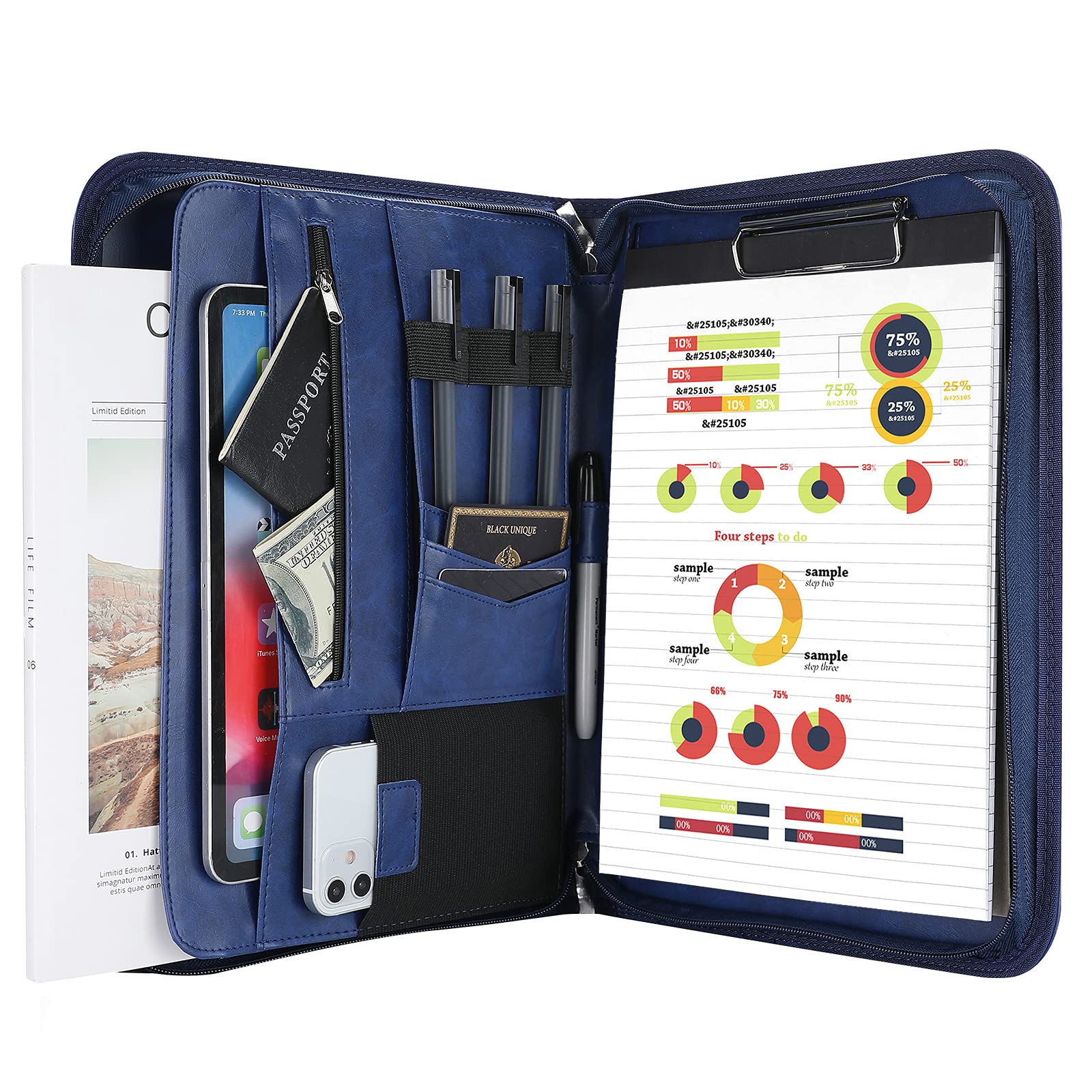 ProCase Portfolio Business Padfolio Folder with Zipper, Conference Meeting Executive File Legal Document Organizer with Pockets Letter Size A4 Writing Pad Notepad Padfolio for Father's Day -Navy