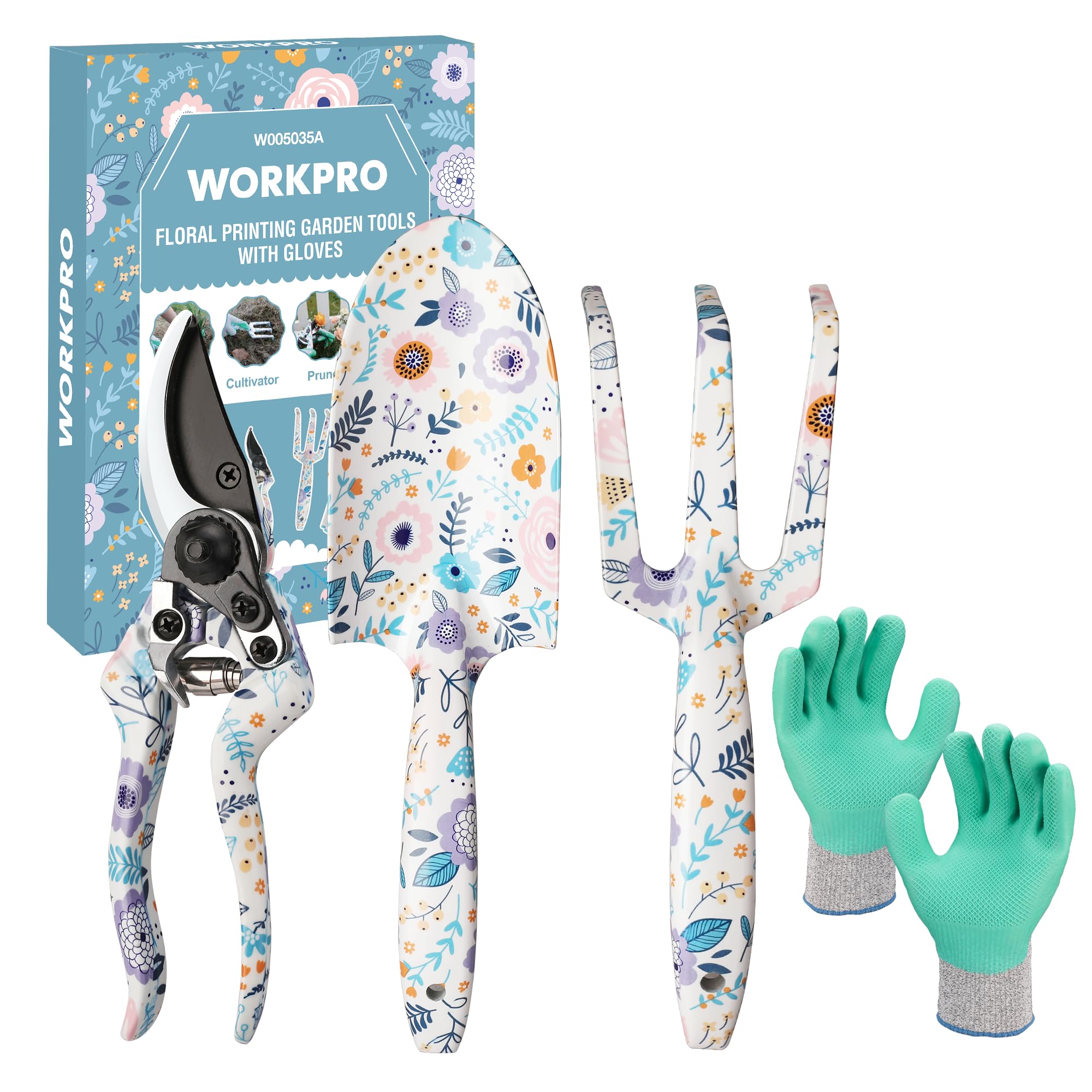 WORKPRO 4 Piece Garden Tools Set, Stainless Steel Hand Tools with Ergonomic Handle, Including Pruner, Trowel, Hand Fork and Gardening Gloves, White