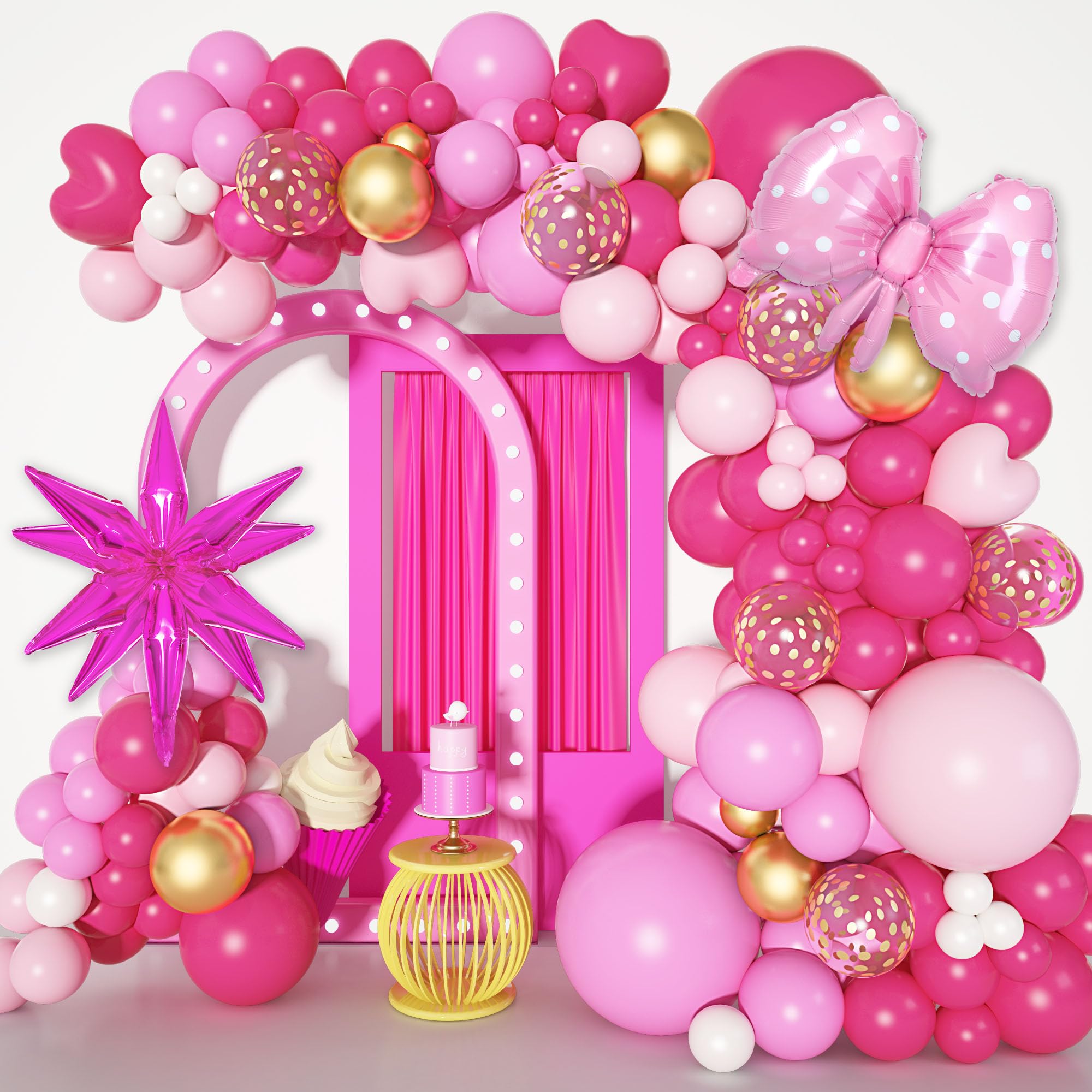 Photo 1 of 144Pcs Princess Pink Balloon Garland Arch Kit, Hot Pink Confetti Bow Balloons for Girls Women Bridal Baby Shower Makeup Wedding Engagement Bachelorette Princess Birthday Party Decorations