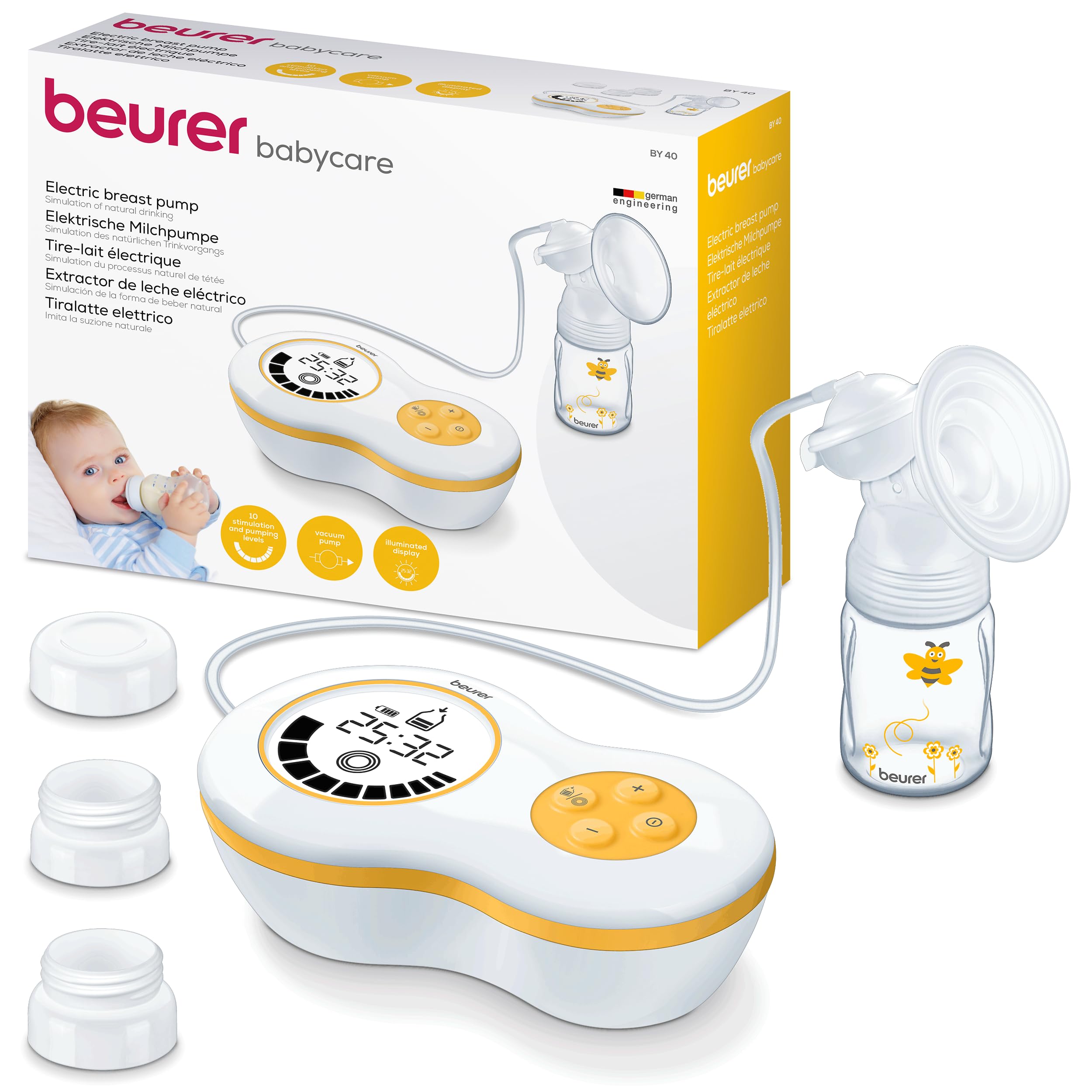 Beurer BY40 Electric Breast Pump | Vacuum Pump with 10 Stimulation Levels and 10 Pumping Levels| Setting Memory Function | Comfortable Silicone Cushion | Avent and NUK Bottle Adapter, White