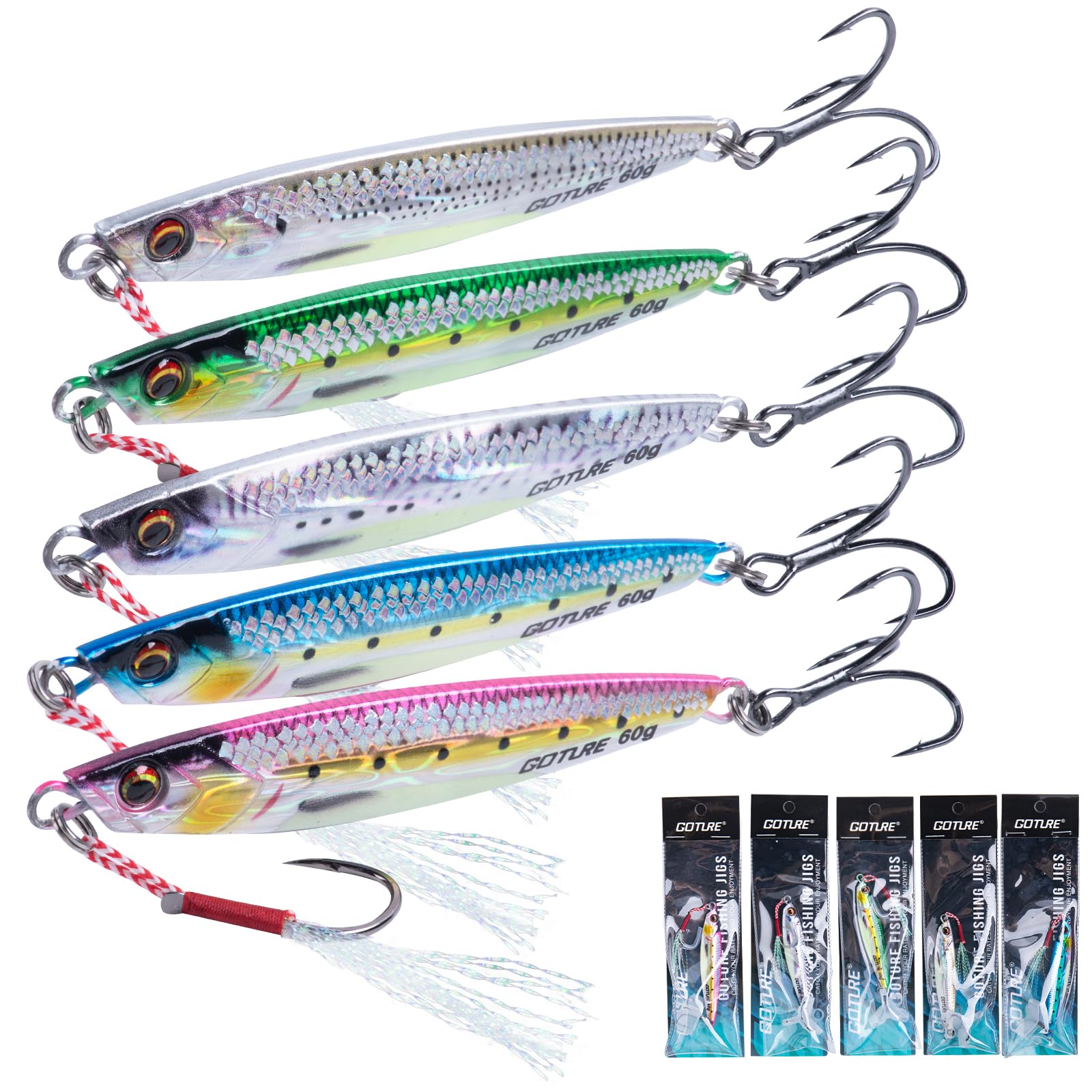 Goture Fishing Jigs, 60g Vertical Jig Saltwater Freshwater, Jig Fishing Lures with Assist Hook and Treble Hook, 5Pcs Fishing Jigging Spoon Lures, Speed Fast Fall Jig for Tuna,Salmon,Bass