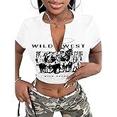 LovelyWholesale Womens Graphic Crop Tops Sexy V Neck Short Sleeve T Shirts