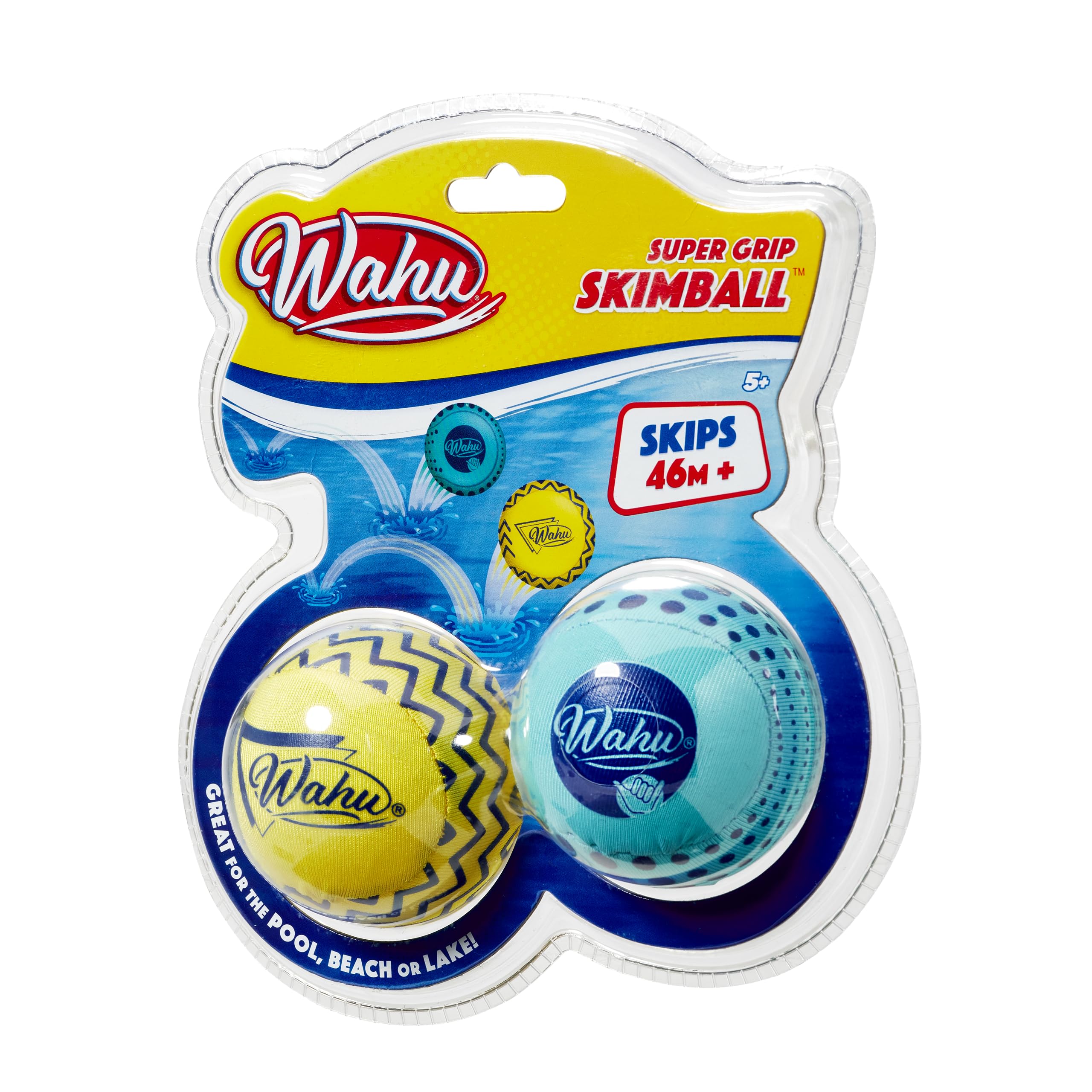Wahu Super Grip 100% Waterproof Skimball Set, Pack of 2 Water Skipping Balls for Pool and Beach, Skips Over 150' on Water, Blue/Yellow