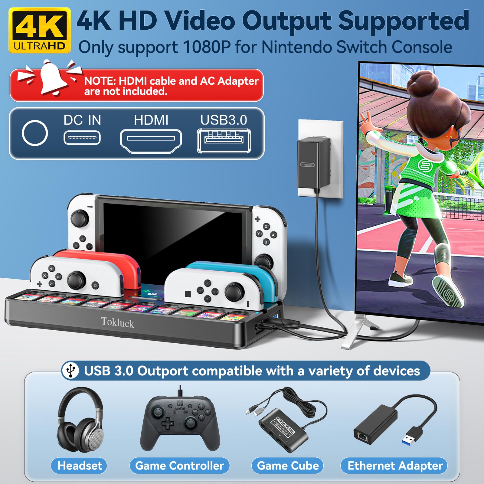 Switch Docking Station for TV with Controller Charger, Replacement for Switch TV Dock with HDMI Adapter, SW Base Station Portable Charging Dock with 10 Game Slots NES Console