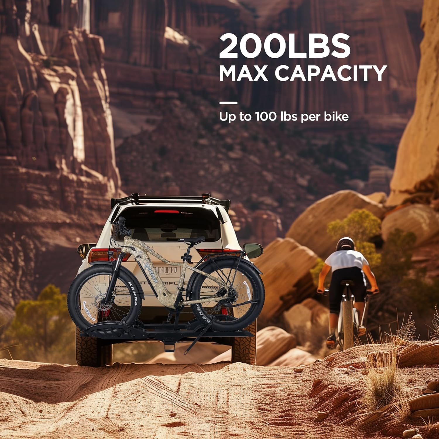 Young Electric E-Bike Rack with Ramp, Hitch 2 Bike Rack, 200 lbs Capacity Electric Bike Carrier, Foldable Platform Mount for Cars, Trucks, SUVs, Minivans, Up to 5-Inch Fat Tire for 2'' Receiver