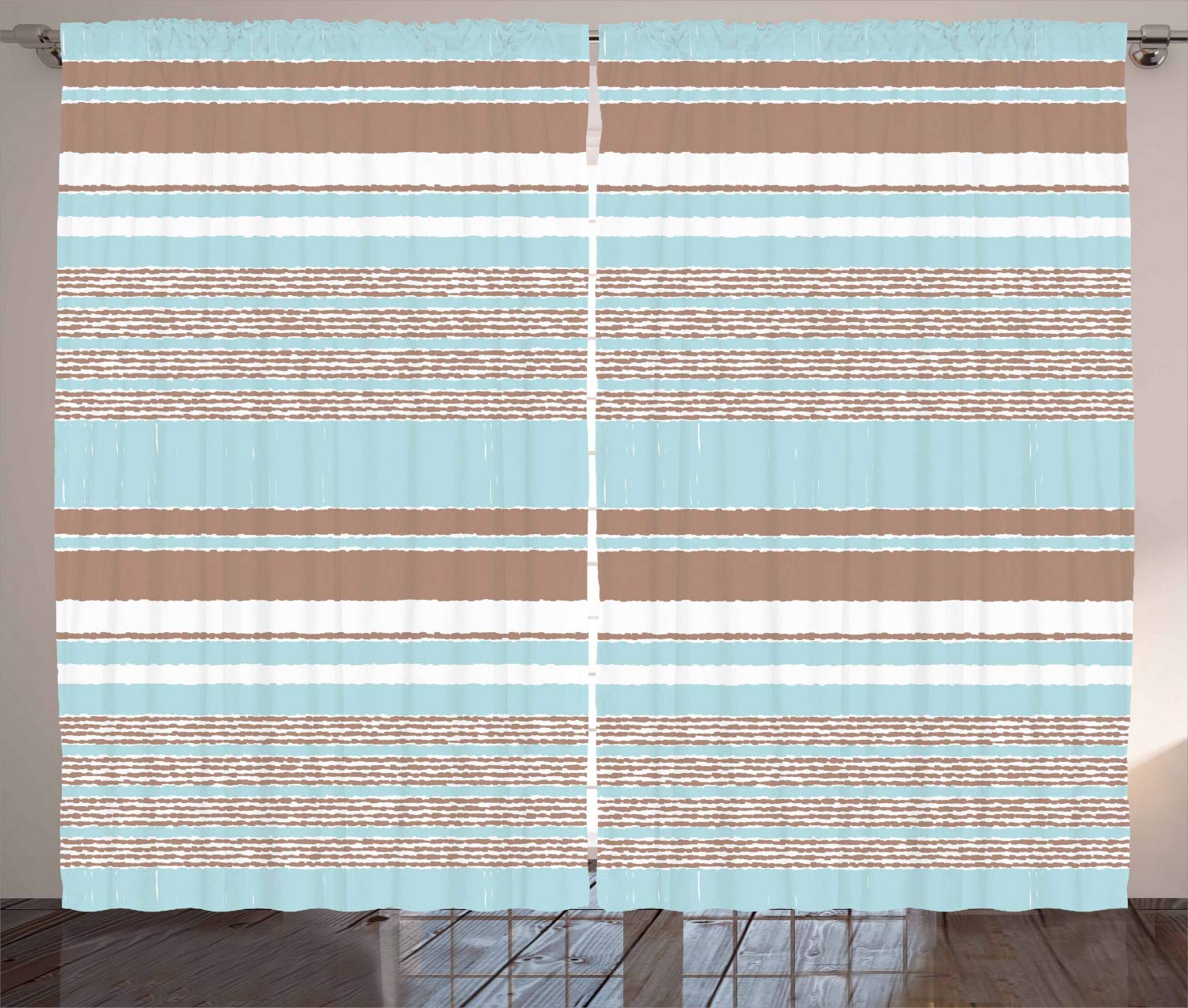 ABAKUHAUS Aqua Curtains, Horizontal Stripes Lines Vintage Grunge Style Ocean Seem Pattern Image, Living Room Bedroom Window Drapes 2 Panel Set, 89 L X 110 W, Seafoam Umber and White