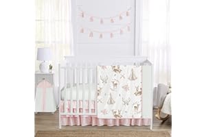 Sweet Jojo Designs 4-Piece Baby Crib Bedding Set (Woodland Deer Floral) for Girls, Infants/Nursery incl. Blanket, Fitted Sheet, Skirt, Diaper Stacker (Boho, Bohemian, Watercolor, Pink, Mint Green)