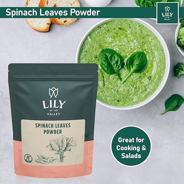 LILY OF THE VALLEY SPINACH POWDER – GREEN SUPERFOOD POWDER FOR JUICE, SMOOTHIES, SOUPS, BAKED DISHES & RECIPES – VEGAN & GLUTEN-FREE – PACKED IN RESEALABLE POUCH (16OZ, 453G)