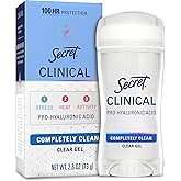 Secret Clinical Strength Antiperspirant Deodorant for Women, 100hr Sweat & Odor Protection, 3X Stress Protection with Hyaluronic Acid, PH Balancing Minerals, Clear Gel, Completely Clean Scent, 2.6 oz