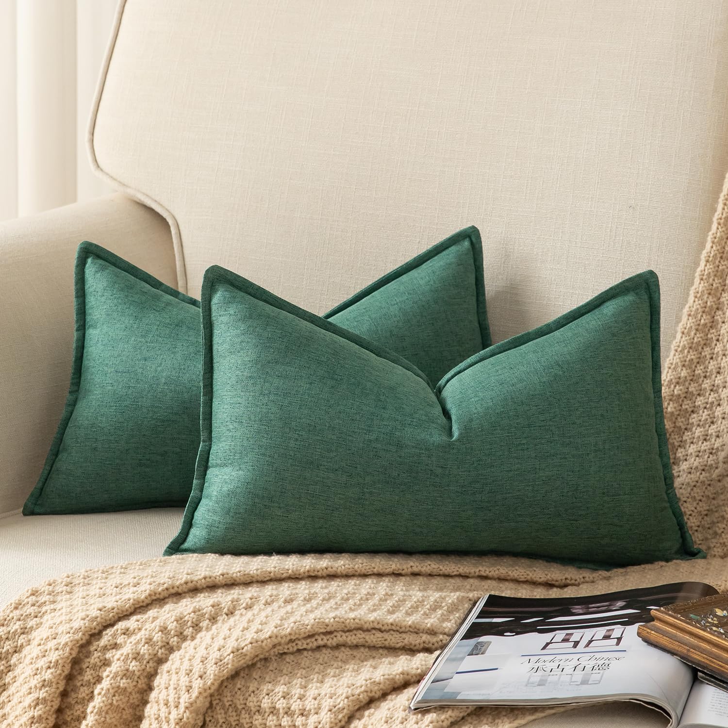 YAERTUN Pack of 2 Decorative Linen Soild Cushion Covers Farmhouse Neutral Throw Pillow Cases for Chair Couch Sofa Bedroom Living Room Home Decor 12 x 20 Inch 30x50 cm Green