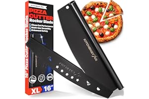 KitchenStar 16-Inch Pizza Cutter Rocker Blade - Sharp Stainless Steel Slicer Knife, Protective Cover, Black Nonstick, Large -