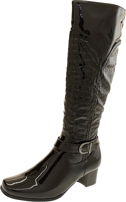black patent croc knee high boots