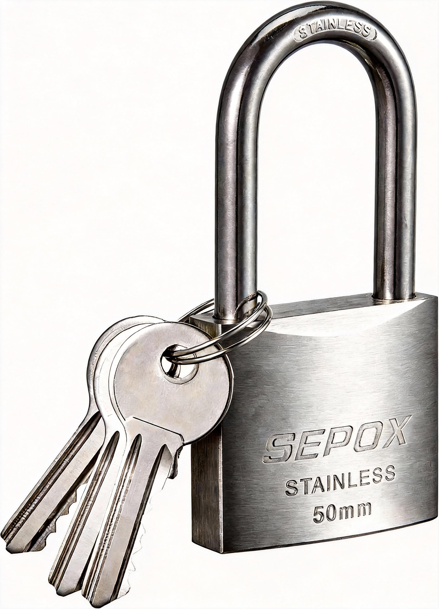 SEPOX® Outdoor Padlock with Key, SUS304 Stainless Steel Lock Body and Long Shackle Waterproof 50mm Keyed Heavy Duty Padlock and Key, Weatherproof for Gate, Chain, Shed, Boat, Marine.