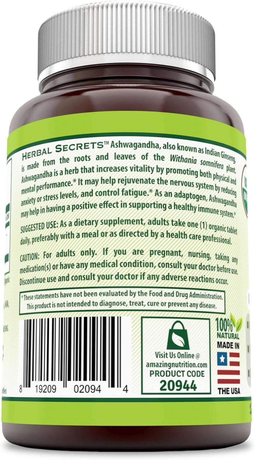 Herbal Secrets Organic Ashwagandha 500 mg 120 Organic Tablets (Non-GMO) - Supports Musculoskeletal System, Helps to Reduce Anxiety & Stress & Promotes Mental Clarity*: Health & Personal Care