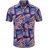 ENVMENST Men's American Flag Button Down Shirts Casual Short Sleeve Patriotic Hawaiian Shirt