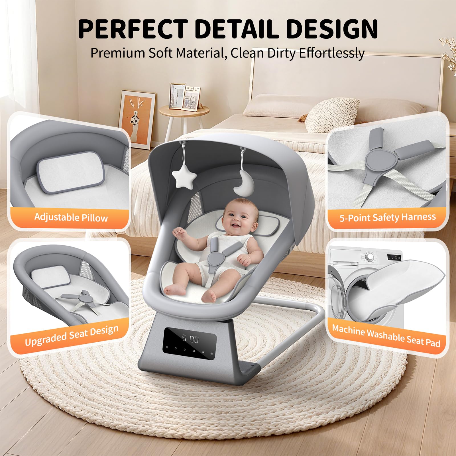 pudult Baby Swing, Electric Baby Rocker for Newborns with 3 Timer Functions, 5 Rocking Speeds, 11 Preset Lullabies and Bluetooth, 5-Point Harness, Suitable for Babies 0-6 Months, Up to 30 lbs