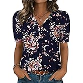 Zeagoo Women Button Down Shirts Puff Short Sleeve Blouses Chiffon Tops Business Casual Outfits Summer Clothes