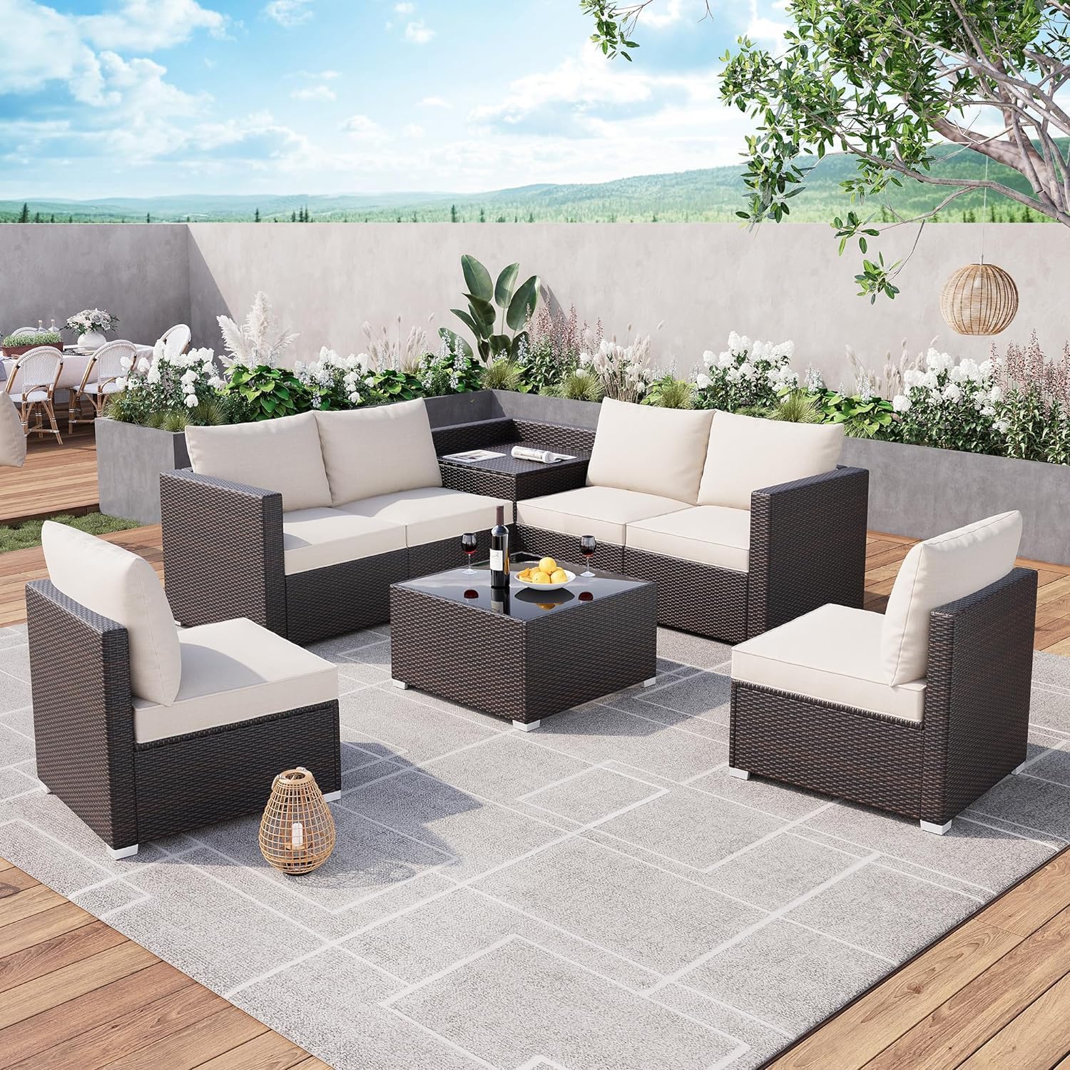 Photo 1 of **PARTIAL SET,BOX 2 OF 3**Acekool 8 Pieces Patio Conversation Set, Outdoor Wicker Patio Conversation Furniture Set with Thickened Cushions, Outdoor Storage and Tempered Glass Coffee Table, for Garden, Porch, Backyard