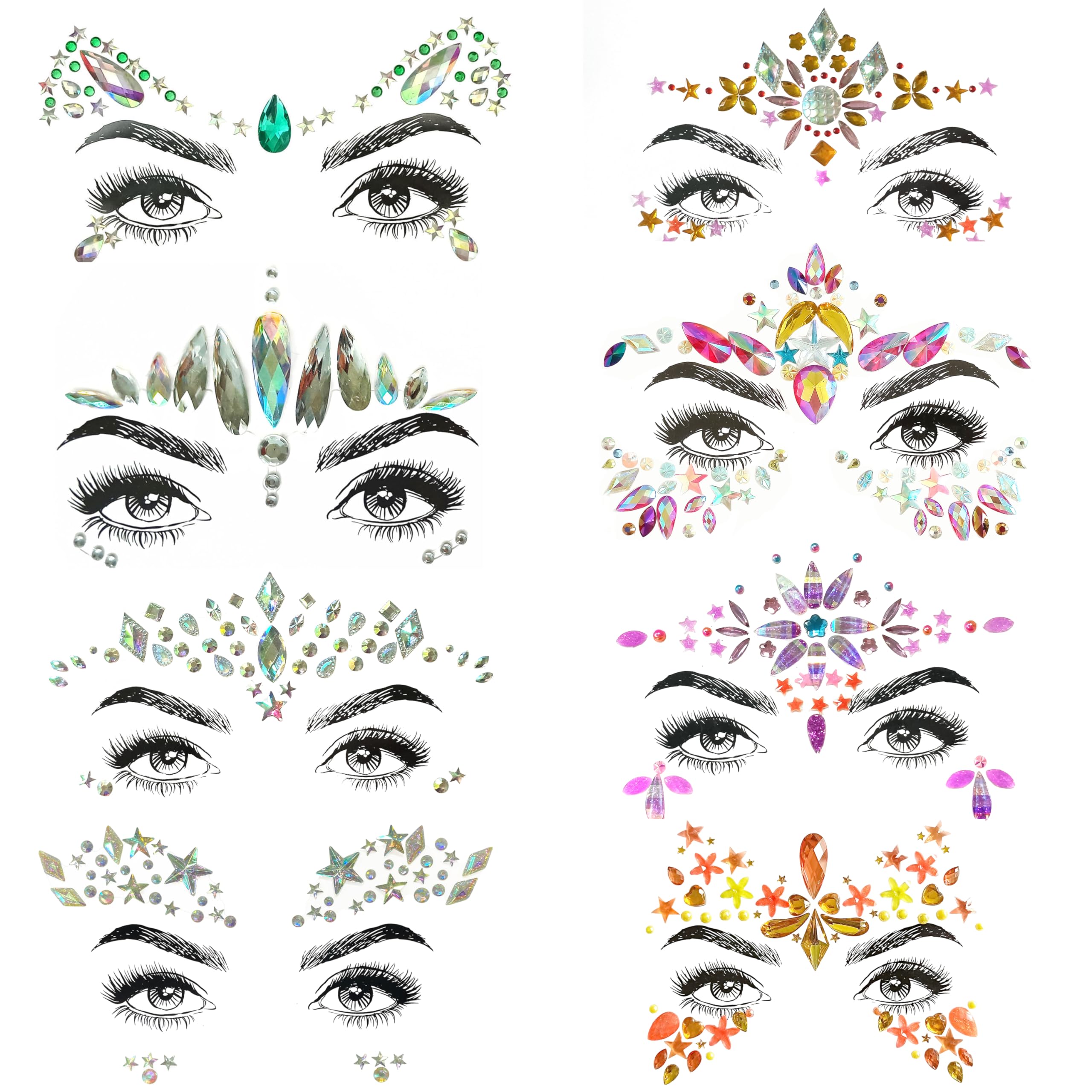 SHINEYES 8 Pcs Gemstone Face Stickers for Music Festival Holiday Party, Rhinestone Face decal for Halloween Christmas, Face Glitter Sticker Temporary Tattoo for Birthday Carnival