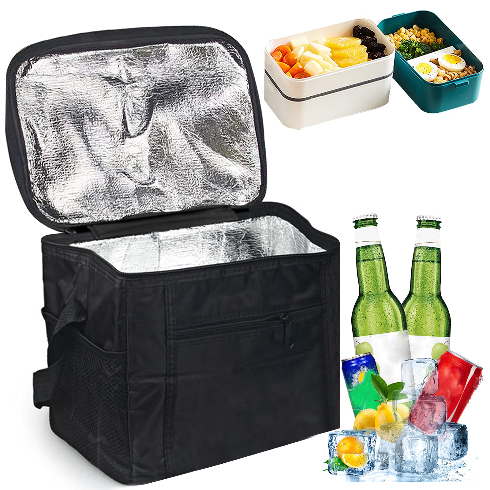 Sunshine smile Picnic Cool Bag, Lunch Bag Waterproof, Picnic Bag Foldable, Insulated Lunch Bag, Cooler Bag, Ice Bag for Camping, Gym, Travel, Picnic (Black)