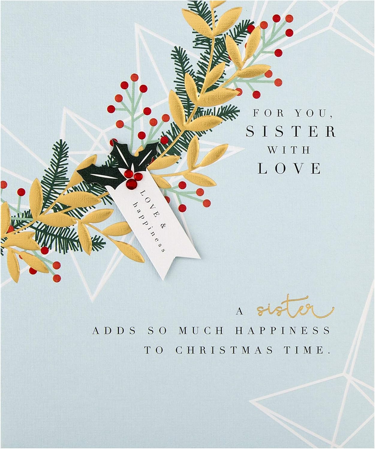 Hallmark Christmas Card for Sister - Contemporary Foliage Design, Metallic Gold, Red, 16.2 cm x 13.5 cm - Image 3