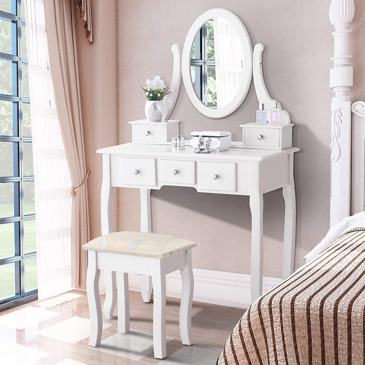 Amazoncom Yunge Modern White Vanity Makeup Dressing Table With Oval Mirror And Drawers For Girls1 Mirror 5 Drawer 1 Stool Makeup Desk Sets Bdt1255 Kitchen Dining
