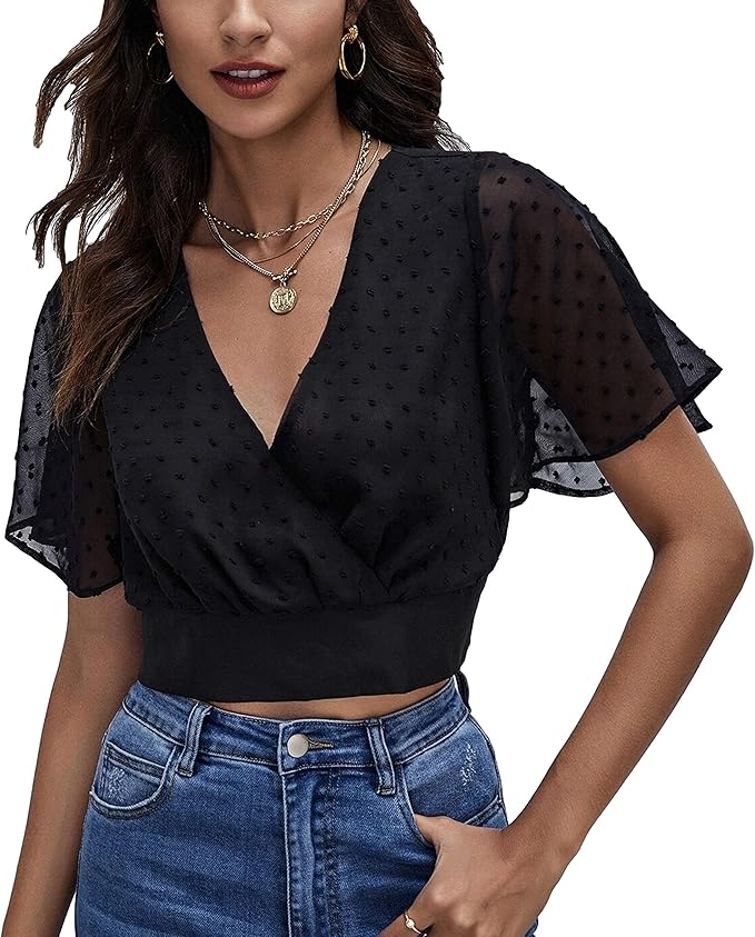 Gihuo Women's Elegant Deep V Neck Short Flowy Sleeve Crop Pom Pom