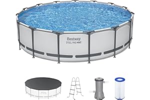 Bestway Steel Pro MAX 15' x 42" Above Ground Pool, Round Metal Frame Outdoor Swimming Pool Set with Filter Pump, Ladder, and Cover, Gray