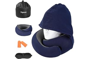 Vzpeun Travel Pillow - Hooded Neck Pillow Airplane Memory Foam Filling for Plane, Office, Cars Sleeping, Road Trip, Long Flights, Portable Plane Accessories, Includes Eye Mask & Earplugs (Navy)