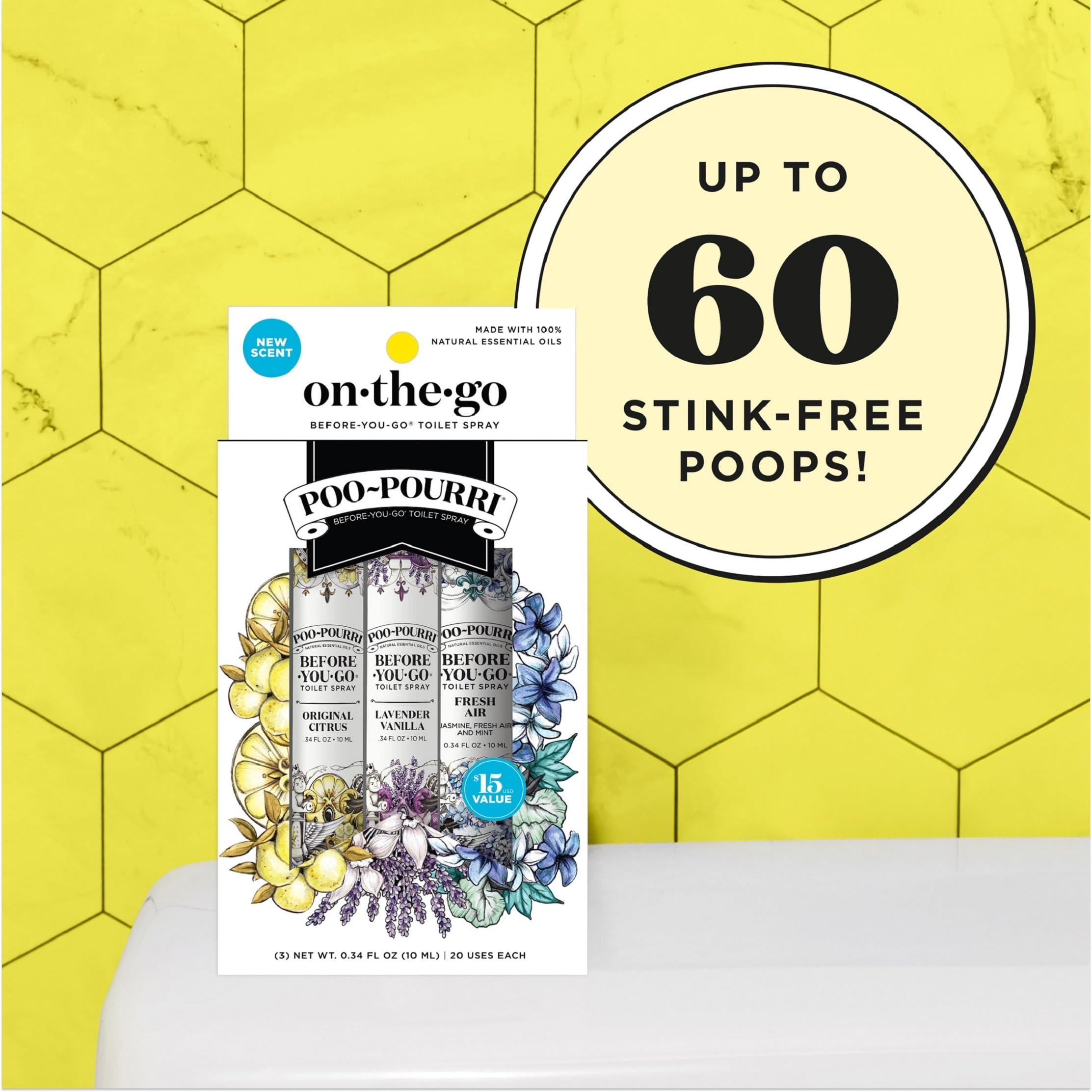 Poo-Pourri Before-You-Go Toilet Spray, Travel Essentials, .34 Fl Oz, In A Pinch Variety 3 Pack, Each Up to 20 Uses, On-The-Go Bathroom Odor Deodorizer with Essential Oils, TSA Approved Size, 3 Scents
