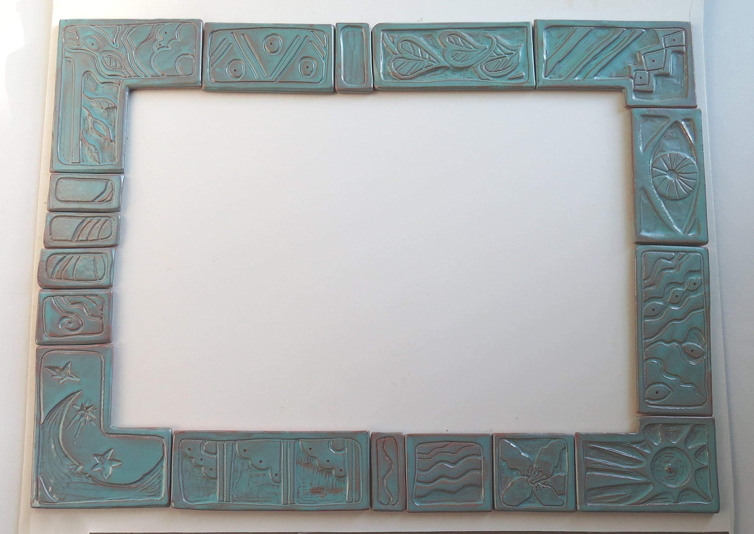 Tile mirror surround 16 x 20 Handmade ceramic terracotta blue glaze