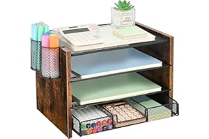 OPNICE OPNCIE Desk Organizer and Accessories, 4-Tier Paper Letter Tray File Organizer with Drawer & 2 Pen Holder, Office Desk Accessories Workspace Desktop Organizer for Office Supplies(Brown)