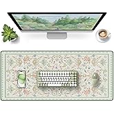 HAOCOO Floral Mouse Pad, 35.4" x 15.7" Waterproof Makeup Mat, Cute Aesthetic Desk Decor Pad, Women Office Keyboard Matt with Stitched Edges, Green Desk Accessories Work for Home