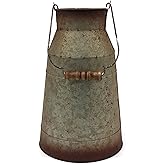 CVHOMEDECO. 10 Inch Galvanized Metal Milk Can with Wooden Handle, Old Rustic Farmhouse Pitcher Jug Vase for Home and Garden Décor. Grey