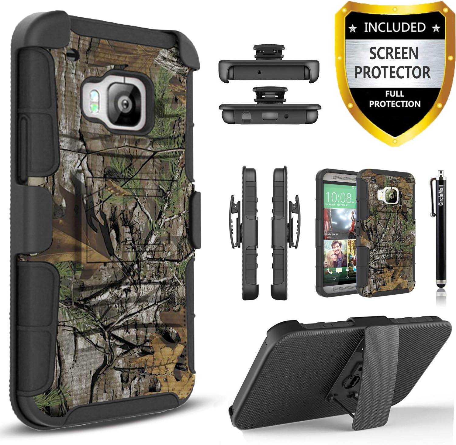 HTC One M9 Case, Combo Shell Cover Kickstand with Built-in Holster Locking Belt Clip+Circle(TM) Touch Screen Pen and Tempered Glass Screen Protector- (Camo)
