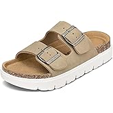 mysoft Women's Comfortable Arch Support Footbed Cork Wedge Sandals - Slip-On Platform Summer Slides with Adjustable Buckle