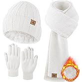 Winter Beanie Hat Scarf Gloves, Warm Fleece Knit Hat Long Scarf Neck Warmer Touch Screen Winter Gloves Set Gifts for Women